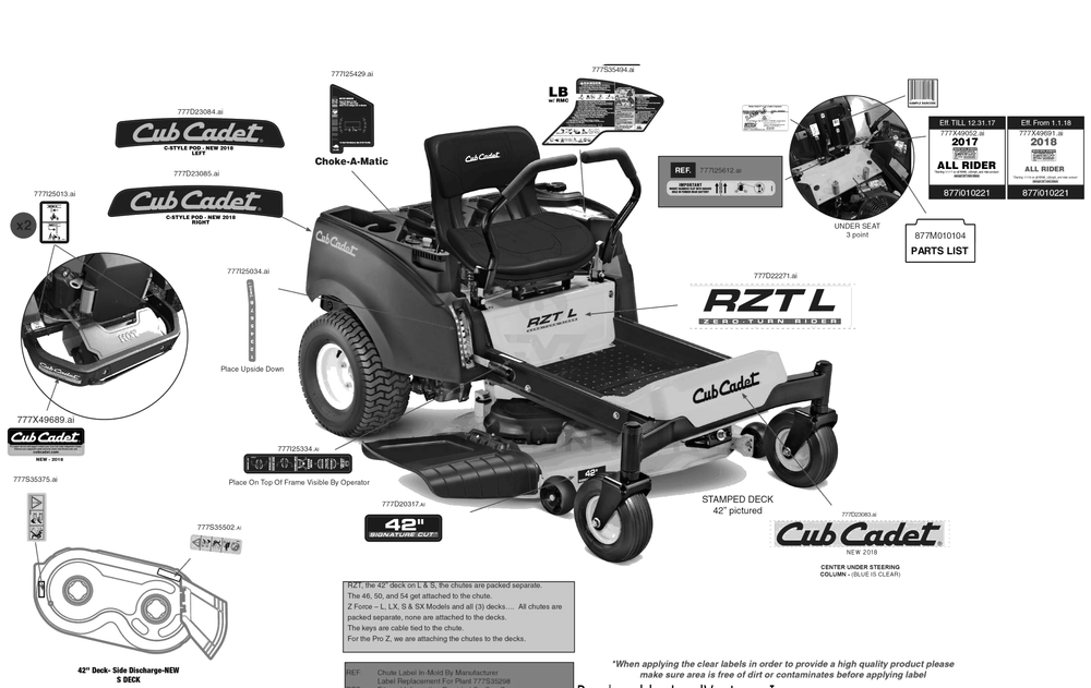Label Map Diagram and Parts List for RZT-L42KH (17CRCACS009)(2018) Cub Cadet Lawn Tractor